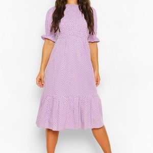 Polka Dot Shirred Detail MIDI Smock Dress